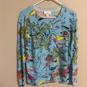 Quacker Factory Lightweight Cardigan Tropical Vacation Print Size Small Blue